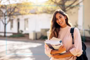 College student walking across campus with books, representing the importance of vision care and eye health preparation before starting college.